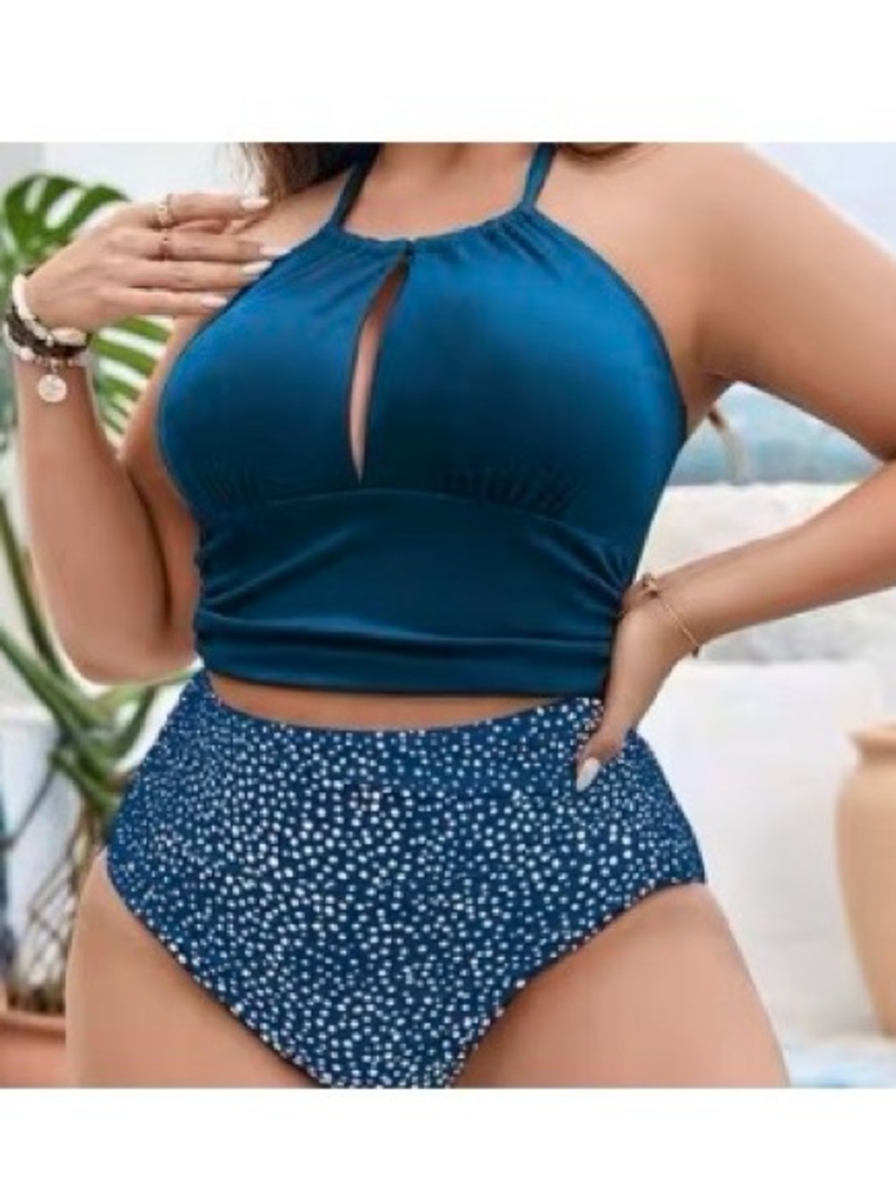 Blue Polka Dot High-Waisted Halter Tankini Swimsuit – Size 1X